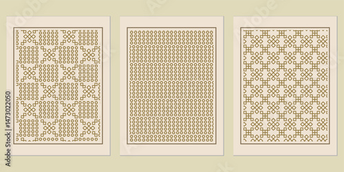Elegant triptych featuring geometric patterns, showcasing an intricate interplay of circles and interwoven square shapes, for backgrounds and decorations