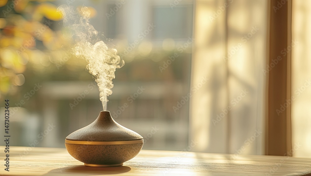 Aromatic diffuser emits gentle steam, peaceful ambiance Aromatic diffuser emits gentle steam, peaceful ambiance