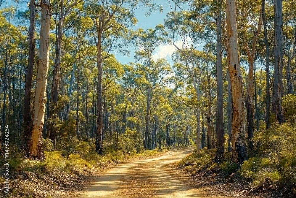 Fototapeta premium Sunlit dirt road winding through a dense forest of tall eucalyptus trees with lush green undergrowth under a clear blue sky