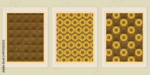 Geometric harmony: A triptych showcasing diverse abstract patterns, blending rustic browns and subdued yellows to create sophisticated framed art