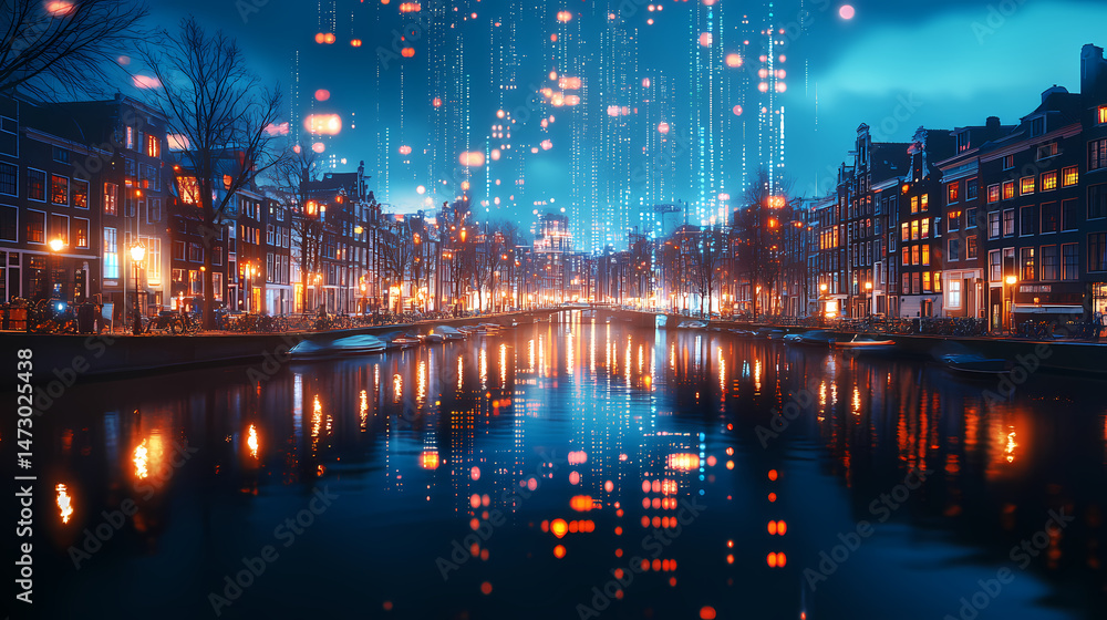 Fototapeta premium Amsterdam cityscape illuminated with abstract data streams reflected in water. [Digital Relics] | Data Spire | compressed signal. Illustration