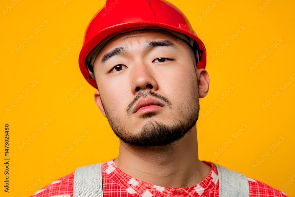 Fototapeta premium Serious Asian Man Construction Worker Red Helmet Portrait