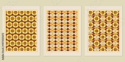 Intricate retro mosaic patterns in warm, earthy tones evoke a sense of handcrafted artistry and sophisticated vintage aesthetics across multiple framed artworks