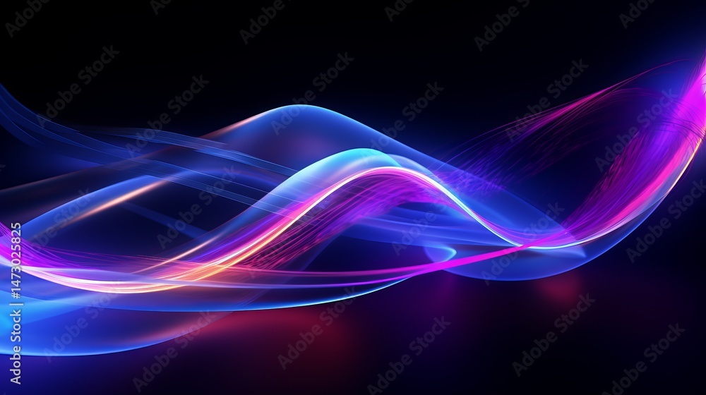 Fototapeta premium 3D glowing neon ribbon with particle trail concept of data transfer and internet tech