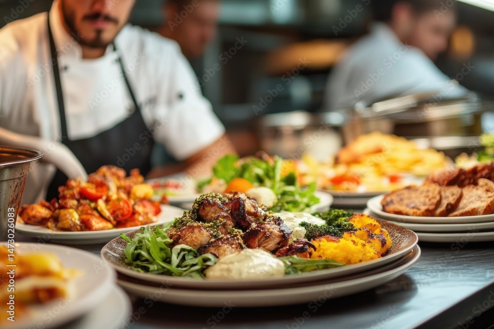 Chef preparing plates with grilled meat, fresh greens, sauces, roasted vegetables, and various dishes in a busy professional kitchen Chef preparing plates with grilled meat, fresh greens, sauces, roasted vegetables, and various dishes in a busy professional kitchen