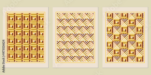 Geometric arrangements presenting an amalgamation of retro-inspired aesthetic with a warm and earthy color scheme, creating a unified artwork