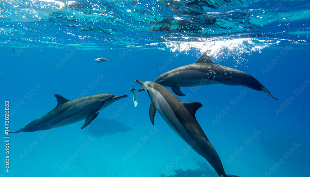 Fototapeta premium Dolphins swim in clear, blue ocean water; one carries white object, possibly trash
