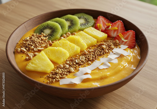 Bowl of fruit and nuts on table.