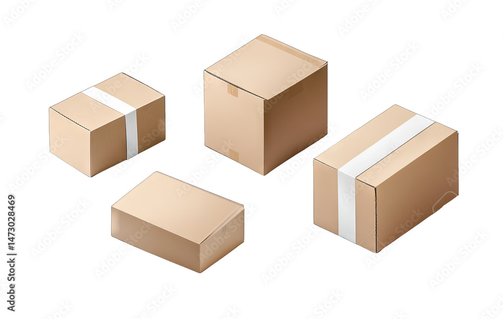 Fototapeta premium Four Cardboard Boxes Of Various Sizes Sealed With White Tape Arranged On A Transparent Background