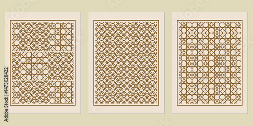 Elegant geometric pattern trio in sepia tones featuring a blend of circles, triangles and squares, evoking a sense of intricate artistry and timeless design