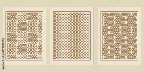 Set of framed geometric patterns with interlacing circles and octagons create an old pattern and artistic look with neutral tones evoking sophisticated style