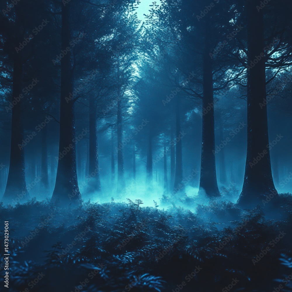 Obraz premium Dense forest with tall trees shrouded in thick blue mist creating a mysterious and serene atmosphere during twilight