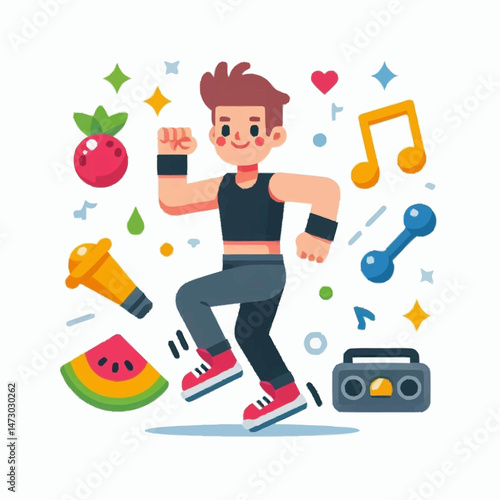 Cartoon Man Exercising with Music Fruit and Dumbbell