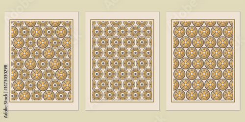 Decorative framed prints featuring a retro geometric floral motif, ideal for vintage aesthetic interior wall art and home decor in shades of beige and ochre
