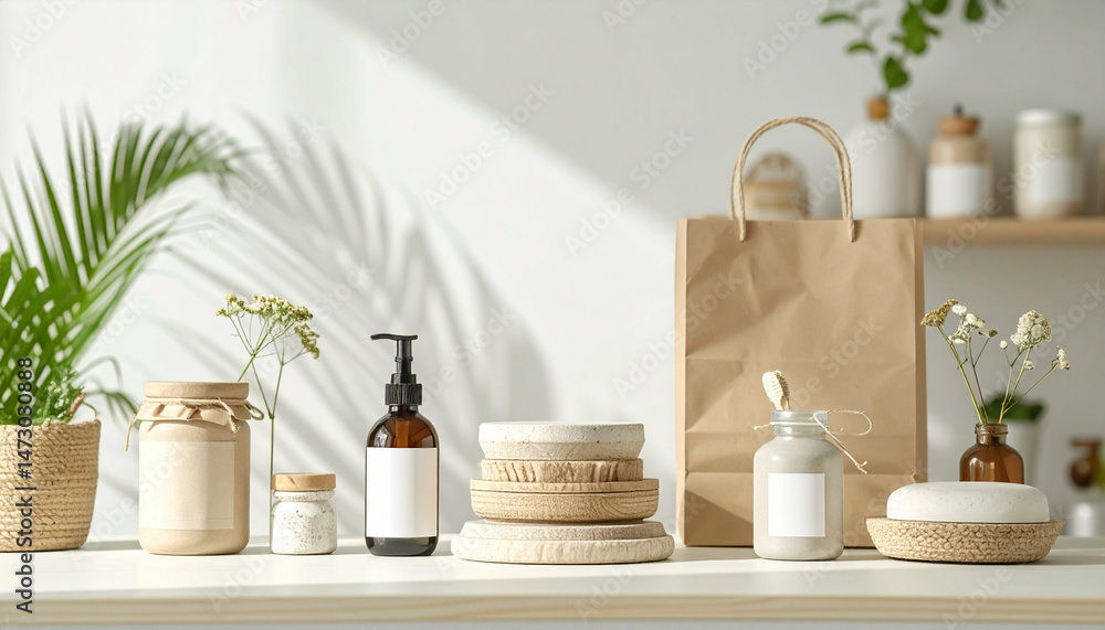 Organic product display with a paper bag, jars, soap, and plant on a countertop Organic product display with a paper bag, jars, soap, and plant on a countertop