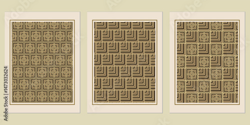 Abstract geometric art prints featuring a modern interpretation of ancient mosaic designs, crafted with an artistic style, creating a balanced visual arrangement