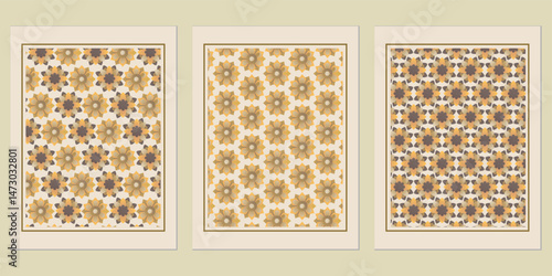 Harmonious trio of framed floral patterns evoking vintage elegance and sophisticated geometric aesthetics with shades of caramel and sand tones