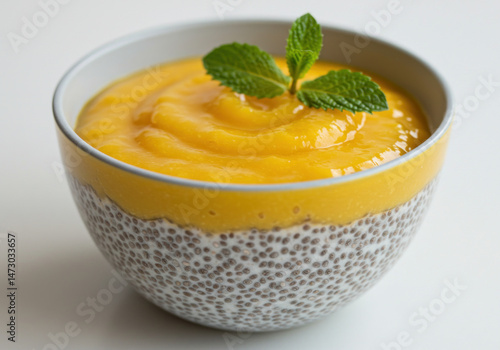 Bowl of mango chia pudding with mint.