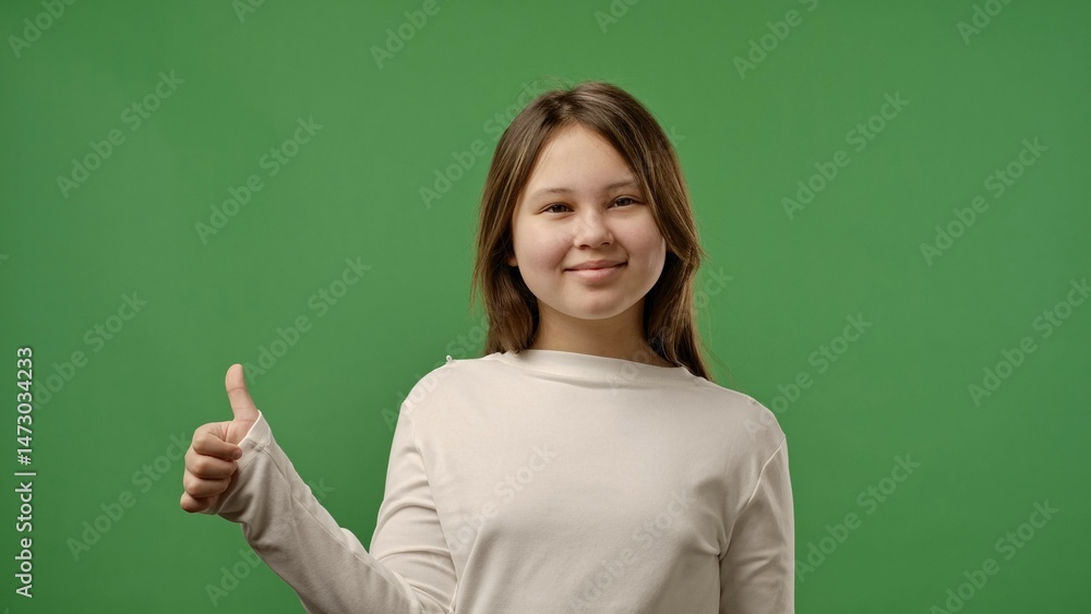 Teenage girl posing at camera smiling and showing thumb up like gesture, positive expression, isolated on chroma key green screen studio background mockup. Teenage girl posing at camera smiling and showing thumb up like gesture, positive expression, isolated on chroma key green screen studio background mockup.