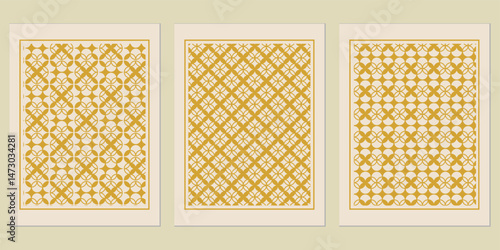 Geometric gold patterns create a triptych evoking vintage aesthetics, displaying abstract symmetry with intricate decorative designs in ornate layouts perfect for artful decoration