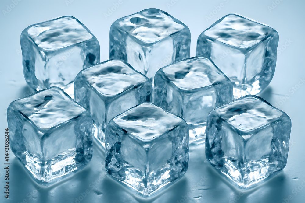 Close-up of multiple clear ice cubes with detailed texture arranged on a light surface with cool lighting Close-up of multiple clear ice cubes with detailed texture arranged on a light surface with cool lighting