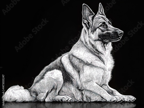 Detailed black and white digital drawing of a large attentive dog lying down on a reflective surface with ears perked and gaze focused