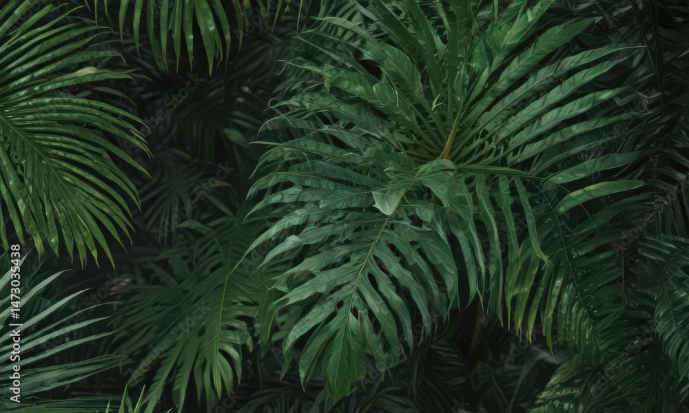 Fototapeta premium Intricate palm leaf details, rich emerald hues, tropical vibe , tropical plant, closeup, element