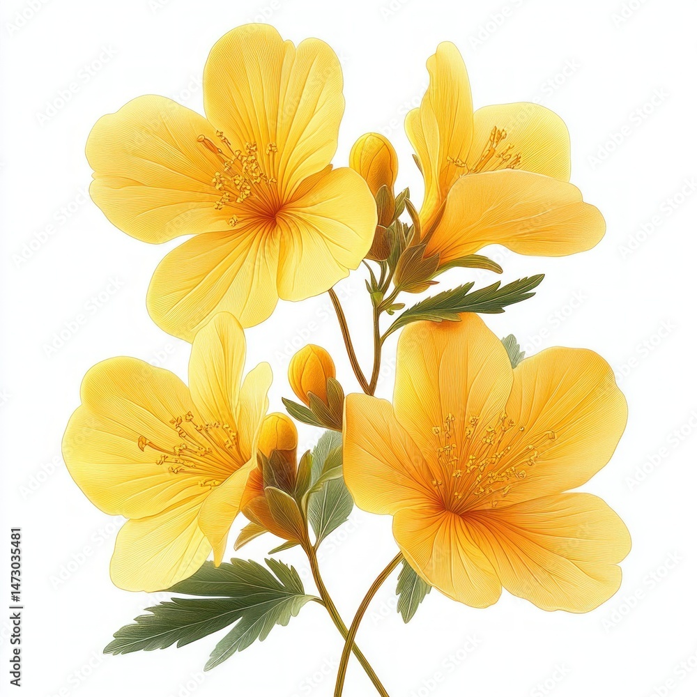 Fototapeta premium Close-up of delicate bright yellow flowers with multiple petals and detailed stamens on green stems with leaves