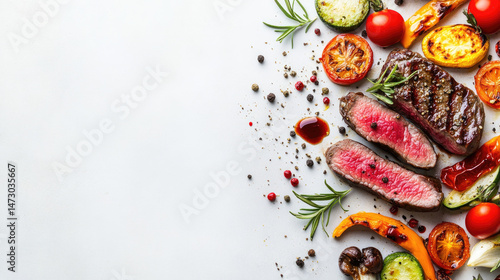 Grilled steak sliced, served with roasted vegetables and herbs