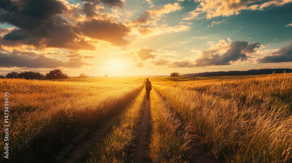 Obraz premium Person walking on path through golden grassy field during sunset with cloudy skies