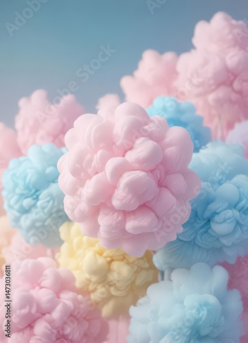 Soft, dreamy pastel gradient of pink, blue, and yellow  Blurry, abstract cotton candy texture ,  image,  macro