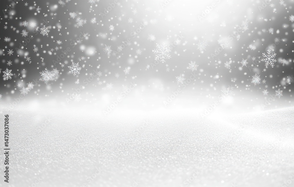 Naklejka premium Softly falling snowflakes over a pristine, sparkling snow-covered landscape creating a calm and serene winter atmosphere