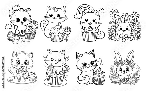 Collection of Cute Cartoon Cats Bunnies Cupcakes Rainbows and Flowers