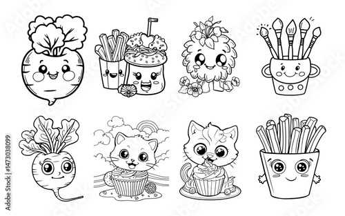 Collection of Cute Cartoon Food Animals and Art Supplies in Black and White