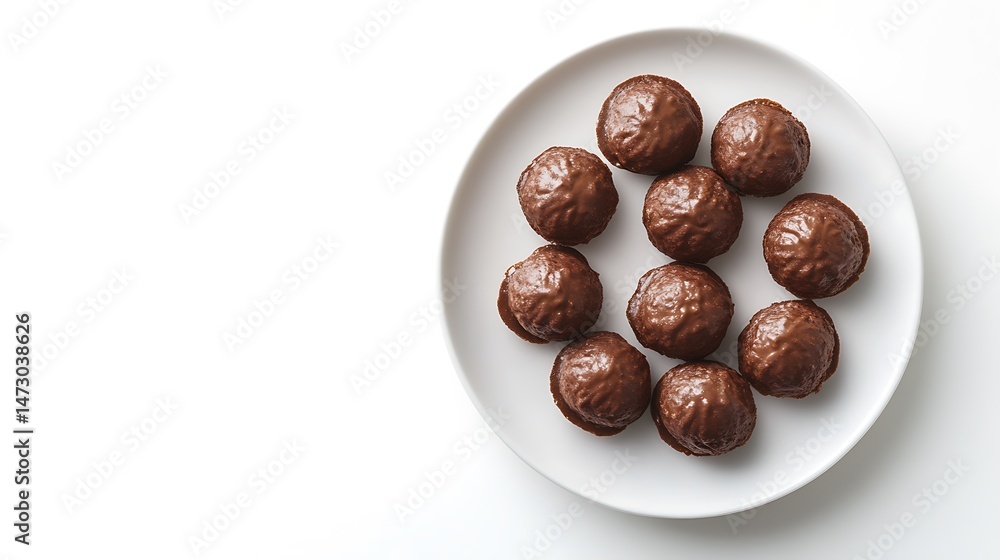Obraz premium Brown Chocolate Covered Balls Arranged Neatly On White Plate with White Background