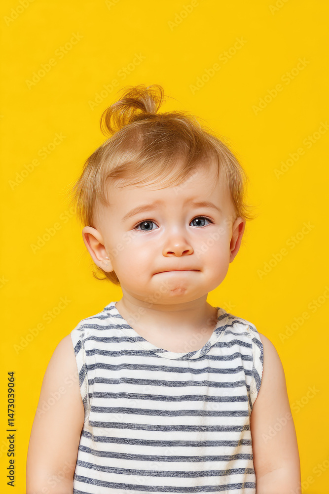 Naklejka premium Young child in a striped shirt looks thoughtfully at the camera against a yellow backdrop. Adorable expression, child portrait, innocence