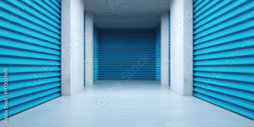 A corridor lined with closed blue storage units extends into the distance. Concept: Storage facility interior, symmetry, industrial space