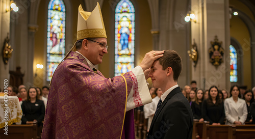 Confirmation Ceremony in Catholic Church Bishop Administering Sacrament to Young Man with Congregation Watching