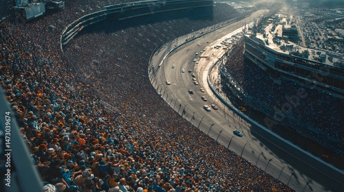 Exciting shot of a car race with a packed audience and the cars speeding along.