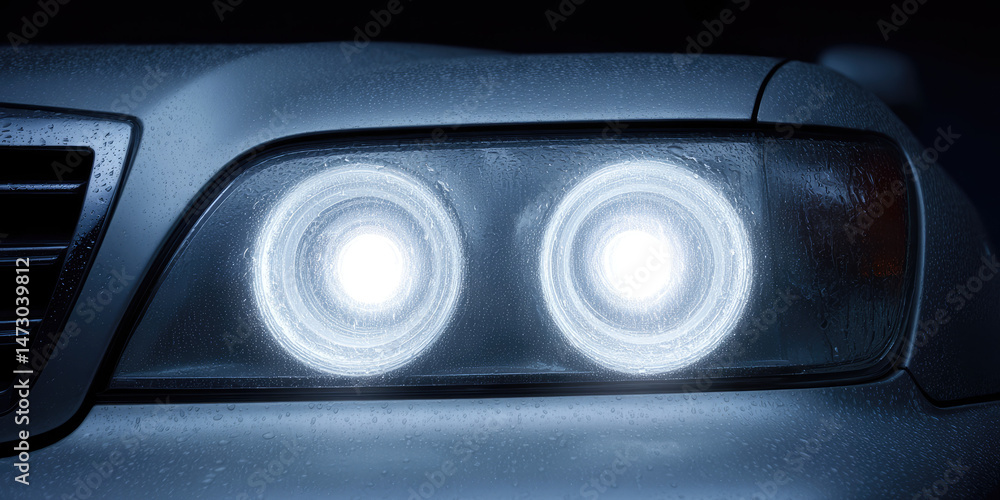 Car headlights illuminate brightly in the dark. Vehicle lighting concept, night driving Car headlights illuminate brightly in the dark. Vehicle lighting concept, night driving