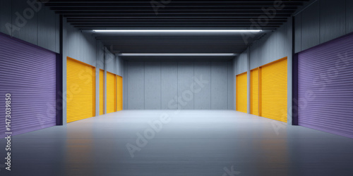 A large industrial warehouse interior with multiple vibrant colored roller doors is depicted. Storage, industrial, symmetry, architecture