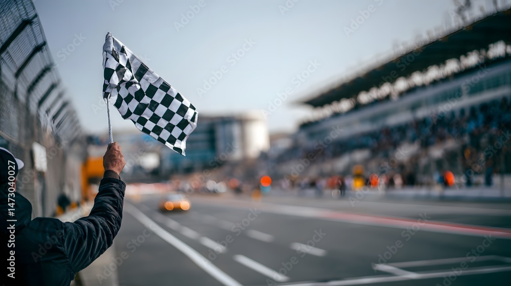 Obraz premium A race official waves the checkered flag at the finish line of a thrilling race event.