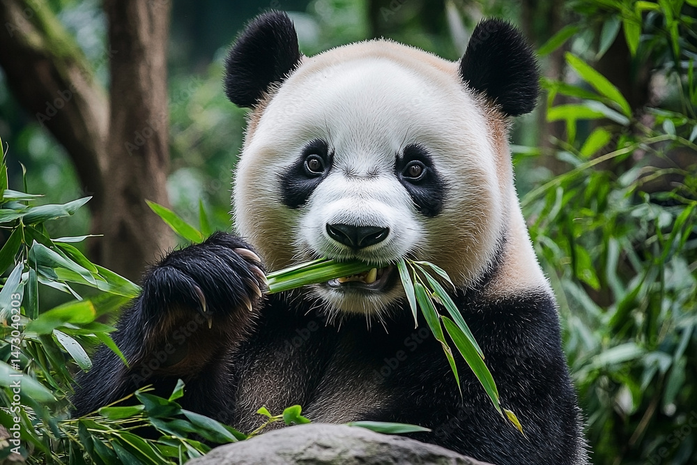 Fototapeta premium Captivating portrait of a Giant Panda joyfully feasting on fresh bamboo shoots