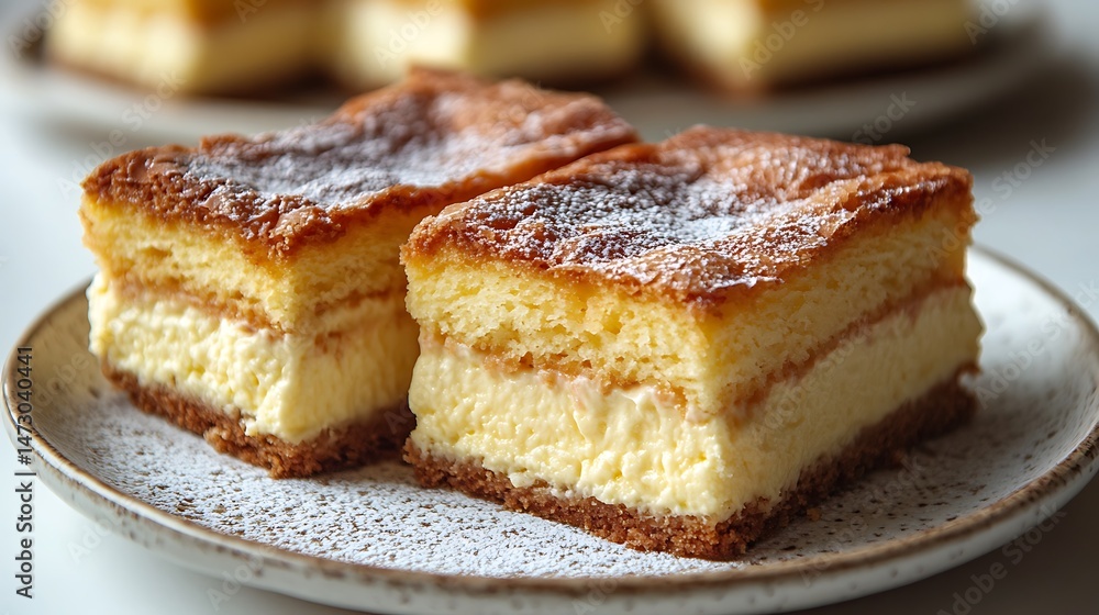 SquareCut Cheesecake Squares on Plate with Golden Crust and Powdered Sugar SquareCut Cheesecake Squares on Plate with Golden Crust and Powdered Sugar