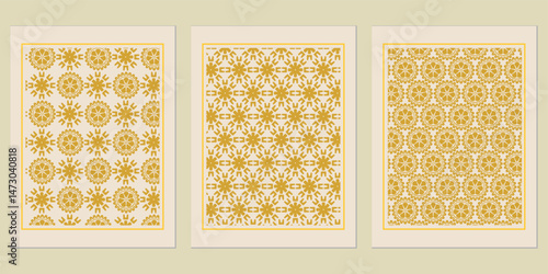 Ethereal echo art prints featuring symmetric patterns that present a vintage inspired golden floral and star burst design on a soft beige canvas