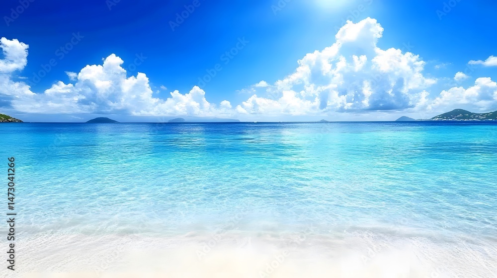 Fototapeta premium Serene Tropical Beach Scene, Turquoise Waters, White Sand, and Blue Sky