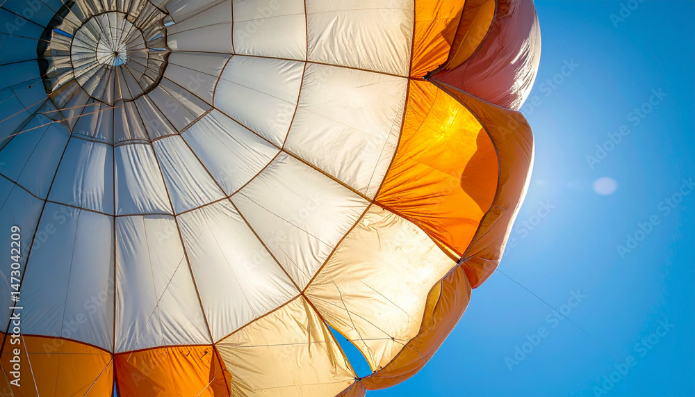Obraz premium Parachute's upward perspective shows orange, white fabric, radial design, clear blue sky, and bright sunlight