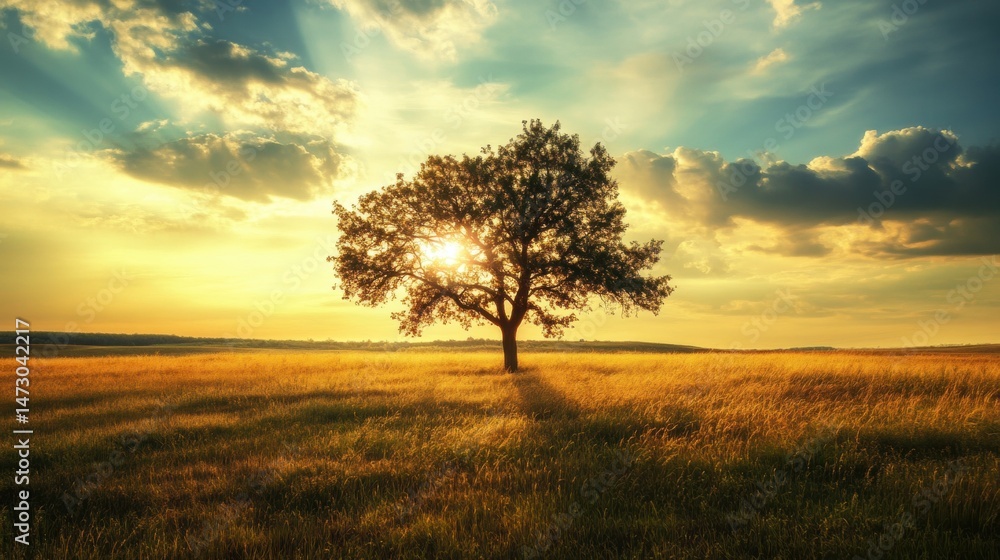 Solitary Tree in Golden Field Bathed in Sunlight at Dusk or Dawn Solitary Tree in Golden Field Bathed in Sunlight at Dusk or Dawn