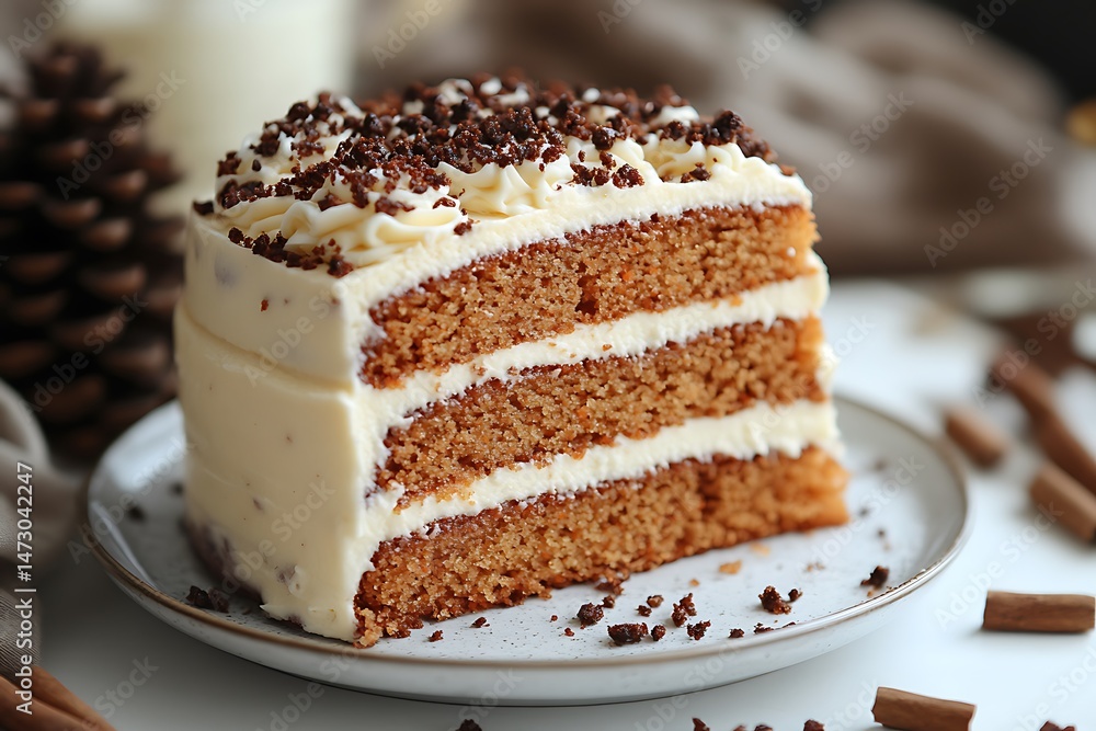 Cake Slice with Layers, White Cream Frosting, Crumbs Topping and Cinnamon Sticks Cake Slice with Layers, White Cream Frosting, Crumbs Topping and Cinnamon Sticks