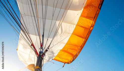 Upward view of parachute with white panels and orange accents, suspended against a clear blue sky